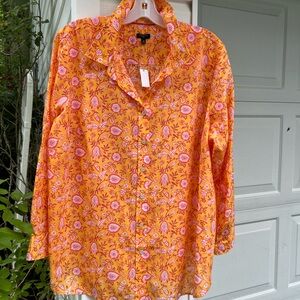 NWT Talbots Pretty Yellow Orange Pinks White Floral Pattern Cotton Blouse
